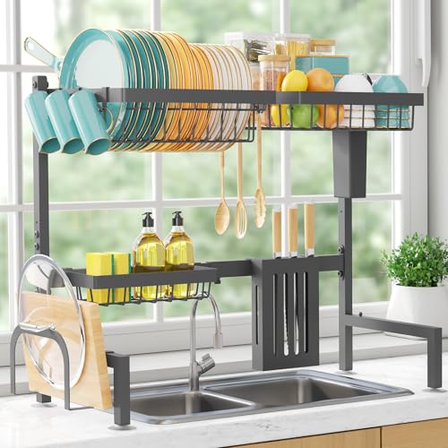 Sakugi Over The Sink 접시 건조대 - 조절 가능한 2단 대용량 스테인리스 스틸 배수구, 커틀러리 및 식기 홀더 포함, 주방 보관 및 정리, 길이 76.2-86.1cm(30-34인치) x 너비 27.9cm(11인치) x 높이 54.6cm(21.5인치), 그레이 - color: 회색., size: 라지