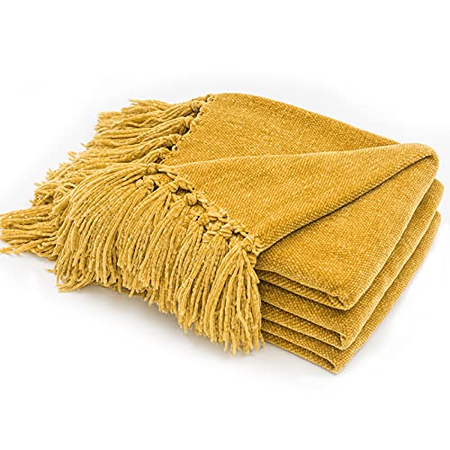 RECYCO Chenille Throw Blanket for Couch, 60"x80", Mustard Yellow | Super Soft Knit Throw Blanket with Fringe Tassels, Lightweight Knitted Throw, Cozy, Ideal for Sofa Chair Bed Living Room Gift - color: Mustard Yellow, size: 60'' X 80''
