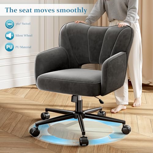 DurayLoly Velet Vanity Chair with Wheels & Shell Back | 360° Swivel Desk Chair,Adjustable Height,Stylish and Comfortable for Makeup, Work & Relaxation,Black - color: Black