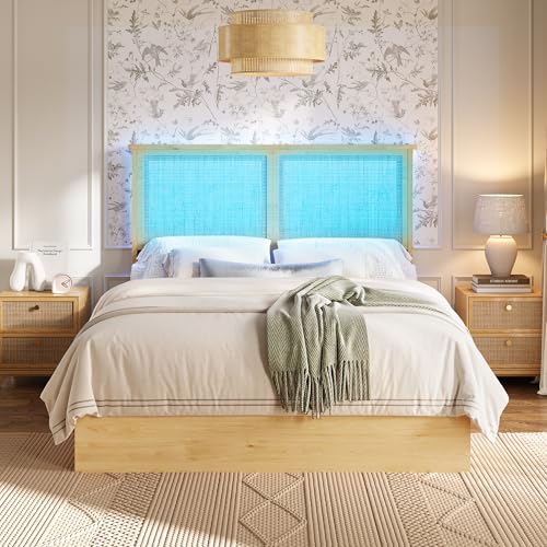 Garvee Full Rattan Bed 4 Drawers Bohemian Headboard for Bedroom | Bohemian full rattan bed with natural headboard, 4 drawers, LED lights,No box spring needed for bedroom use. - size: Full(4 Drawers)