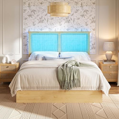 Garvee Full Rattan Bed 4 Drawers Bohemian Headboard for Bedroom | Bohemian full rattan bed with natural headboard, 4 drawers, LED lights,No box spring needed for bedroom use. - size: Full(4 Drawers)
