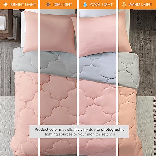 Comfort Spaces Vixie Reversible Comforter Set - Trendy Casual Geometric Quilted Cover, All Season Down Alternative Cozy Bedding, Matching Sham, Coral/Gray, Twin/Twin XL 2 piece | Down Alternative, All Season, Bedding for Bedroom, Geometric Pattern, Revers