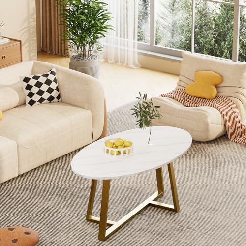 Wolawu Coffee Table White Faux Marble Coffee Table for Living Room,Oval Center Tables Modern Tea Table for Small Space,Wooden Living Room Tables End Table with Sturdy Gold Metal Leg - color: White Gold