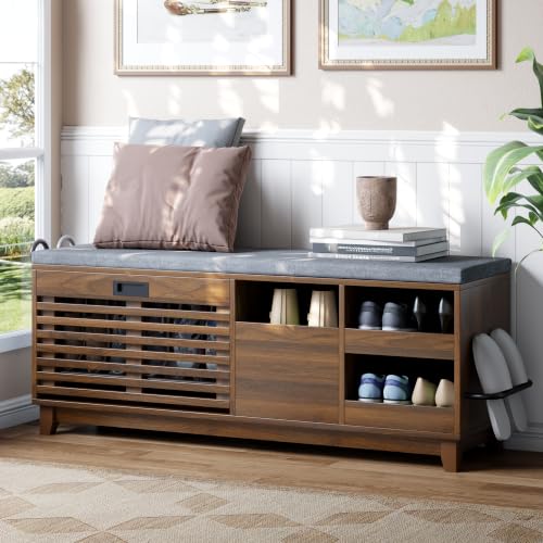 47.2" Shoe Storage Bench with Flip Drawer, 2-Tier Entryway Bench with Padded Seat Cushion & 2 Pull-out Shelves & Semi-open storage, Shoe Rack Bench with Side Holder for Hallway,Bedroom (Walnut)