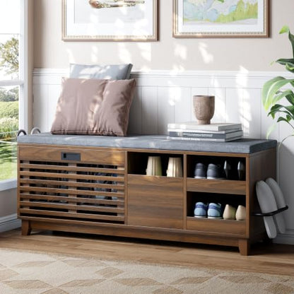 47.2" Shoe Storage Bench with Flip Drawer, 2-Tier Entryway Bench with Padded Seat Cushion & 2 Pull-out Shelves & Semi-open storage, Shoe Rack Bench with Side Holder for Hallway,Bedroom (Walnut)