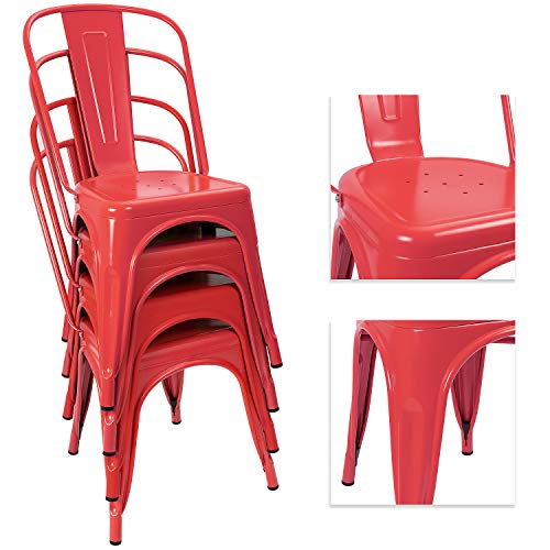 Devoko Metal Indoor-Outdoor Chairs Distressed Style Kitchen Dining Chairs Stackable Side Chair with Back Set of 4 (Red) - color: Red