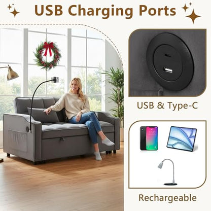 3 In 1 Velvet Convertible Sofa Bed, Pull Out Couch Bed with Reclining Backrest And 2 Pillows, 54" Full Size Loveseat Sleeper Sofa Futon Couch Bed, Couches For Small Spaces, Living Room (Dark Gray①) - color: Dark Gray①
