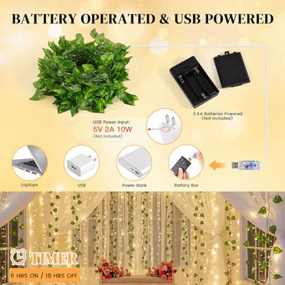 DomeStar Vines with Light for Bedroom, 300 LED Fairy Lights with Vines | Curtain String Lights with Remote for Dorm, Wedding, Party, Wall, Indoor, Outdoor Home Decor - style: 1pack-green vine-100Ft LED
