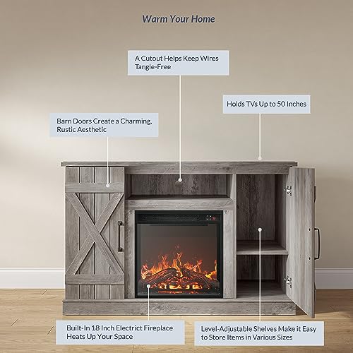 BELLEZE 47" TV Stand with 18" Electric Fireplace Heater & Media Entertainment Center Console Table for TV up to 50" with Open Storage Shelves & Cabinets - Veropeso (Grey Wash) - color: Gray Wash, style: 47" TV Stand/W 18" Fireplace