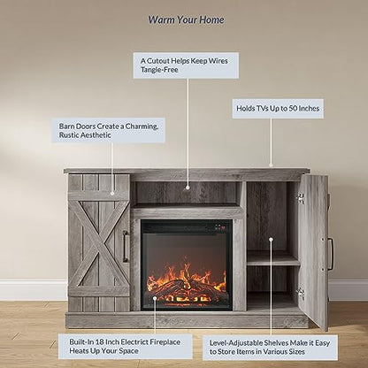 BELLEZE 47" TV Stand with 18" Electric Fireplace Heater & Media Entertainment Center Console Table for TV up to 50" with Open Storage Shelves & Cabinets - Veropeso (Grey Wash) - color: Gray Wash, style: 47" TV Stand/W 18" Fireplace