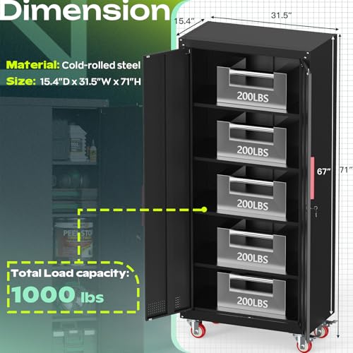 Kelueo 71" Tall Metal Garage Storage Cabinet with Wheels and Locking Doors | Heavy-duty steel rolling tool cabinet,garage cabinets with 4 adjustable shelves for garage,home,office,shop.black - color: Black, size: 71"H