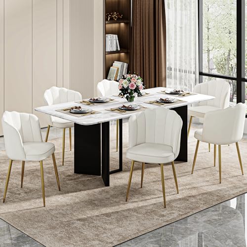 VECELO Velvet Dining Chairs Set of 6, Modern Upholstered Kitchen Chairs with Thick Cushions, Curved Padded Backrest and Metal Legs, for Kitchen, Dining Room, Living Room, White - color: White, size: Set of 6