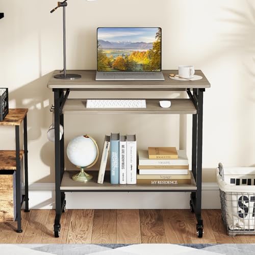 GIANTEX Rolling Computer Desk, Mobile Desk with Keyboard Tray & Wheels, Portable Laptop PC Table Cart with Shelf & Hooks, Small Desk for Small Spaces, Bedroom, Apartment (Grey Oak) - color: Grey Oak