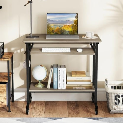 GIANTEX Rolling Computer Desk, Mobile Desk with Keyboard Tray & Wheels, Portable Laptop PC Table Cart with Shelf & Hooks, Small Desk for Small Spaces, Bedroom, Apartment (Grey Oak) - color: Grey Oak