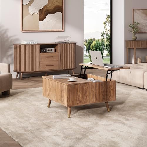 JOINICE Walnut Lift Top Coffee Table with Storage for Living Room,Square | 32" Multi-functional Pop Up Center Table,Large Hidden Compartments with Solid Wood Legs,Lift to 23",Hold 100lbs,Easy Assembly - color: Walnut_square