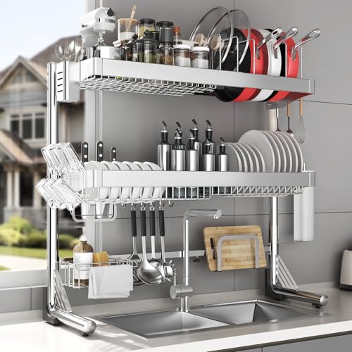 Over The Sink Dish Drainer Drying Rack 3 Tier, Full Stainless Steel Dish Drying Rack Adjustable Length 20.9''-37.4'' , Kitchen Sink Shelf, Organized Space-Saving Dish Rack with Pots and Pans Rack - color: Silver, size: 3 Tier with Pots and Pans Rack