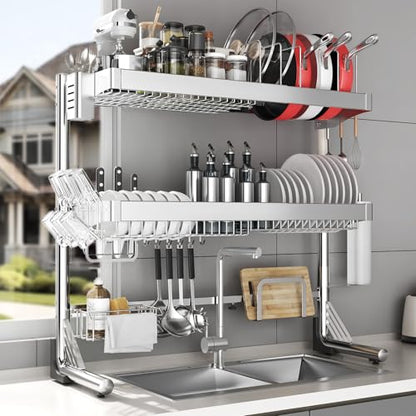 Over The Sink Dish Drainer Drying Rack 3 Tier, Full Stainless Steel Dish Drying Rack Adjustable Length 20.9''-37.4'' , Kitchen Sink Shelf, Organized Space-Saving Dish Rack with Pots and Pans Rack - color: Silver, size: 3 Tier with Pots and Pans Rack