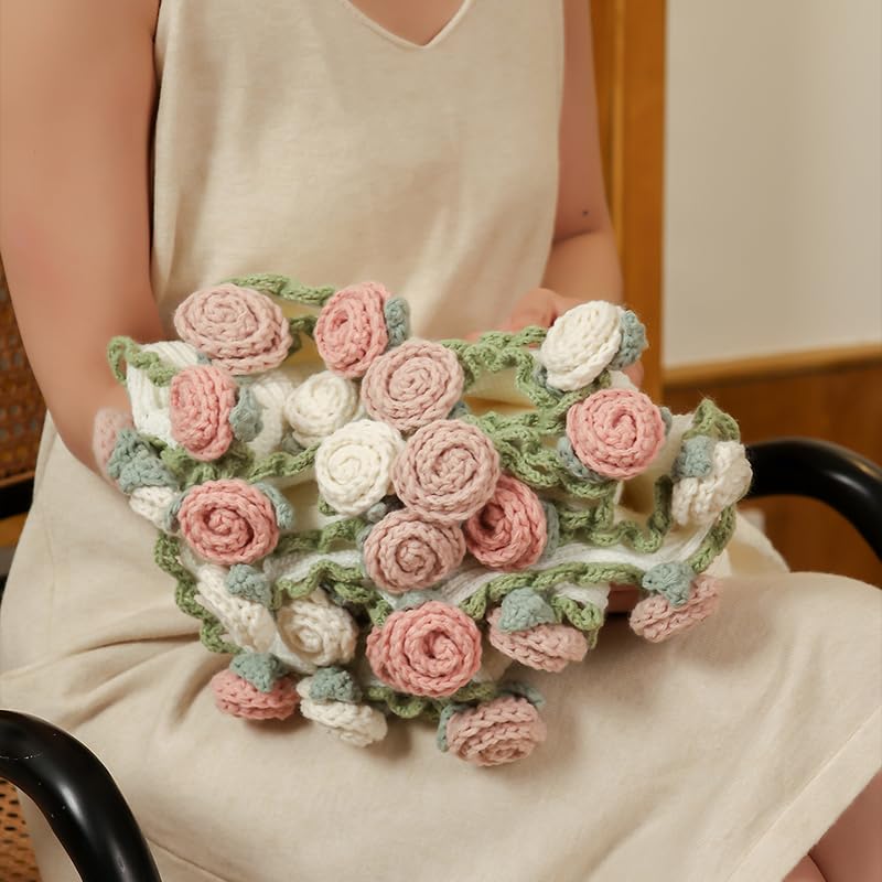 Crochet Flower Bouquet Throw Blanket, Handmade Knitted Blanket with Rose Flowers, Cute Romantic Gift for Her Girlfriend Mom Mother’s Day Valentine Wedding Anniversary Birthday, Pink and White - color: Rose Pink, size: 40 Inches