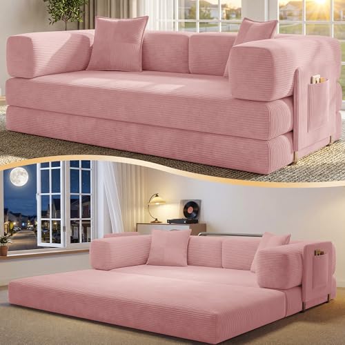 78.8" Convertible Futon Sofa Bed, Boneless Couch for Living Room | Corduroy Boneless Loveseat Sleeper Sofa, Modular Futon Couch with Storage Pocket, Pull Out Couch No Assembly | Pink - color: Pink