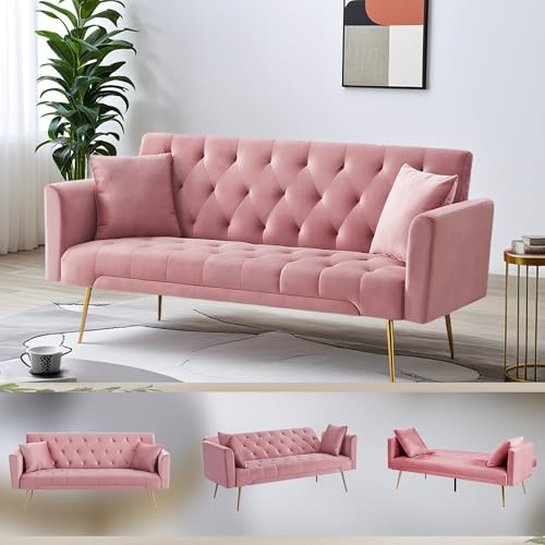 Anwick 72''Modern Velvet Sofa Bed Futon,Convertible Folding Sleeper Couches with 3 Adjustable Backrests,Tufted Recliner Loveseat with Golden Chrome Legs for Living Room Apartment Office (Pink) - color: Pink+pillows