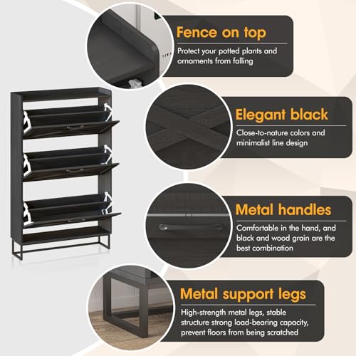 Maupvit Shoe Storage Cabinet with 3 Flip Drawers, Freestanding Organizer with Metal Legs for Entryway, Narrow Shoe Rack Cabinet, Black - color: Black, style: 3-Drawers