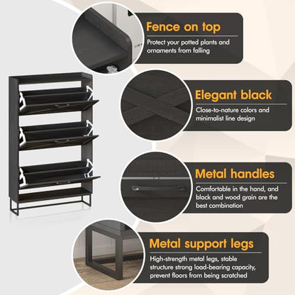 Maupvit Shoe Storage Cabinet with 3 Flip Drawers, Freestanding Organizer with Metal Legs for Entryway, Narrow Shoe Rack Cabinet, Black - color: Black, style: 3-Drawers