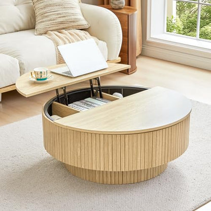 33" Round Coffee Table with Lift-Top & Flip-Top Storage, Modern Accent Fluted Coffee Tables with Metal Frame, Wooden Circle Center Table for Living Room Small Space Apartment Office (Natural) - color: Natural 33" Round Lift-top & Flip-top