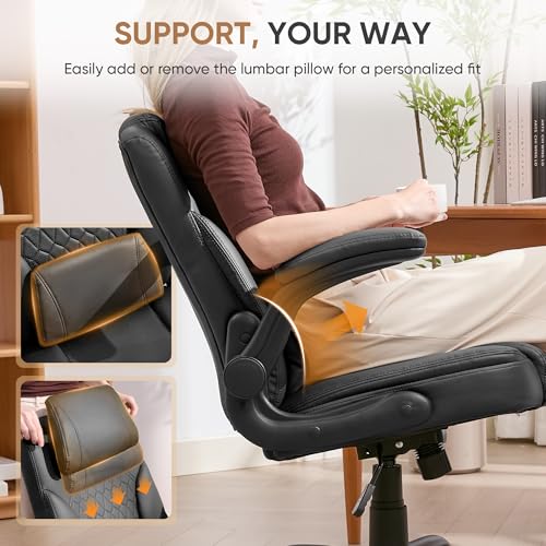 Home Office Chair with Lumbar Support, 5" Thickened Seat, Small PU Leather Rocking Desk Chair, Comfy Computer Chairs with Rolling Wheels & Adjustable Armrests for Adults, Black - color: Black