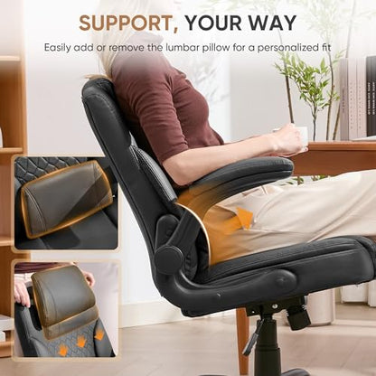 Home Office Chair with Lumbar Support, 5" Thickened Seat, Small PU Leather Rocking Desk Chair, Comfy Computer Chairs with Rolling Wheels & Adjustable Armrests for Adults, Black - color: Black