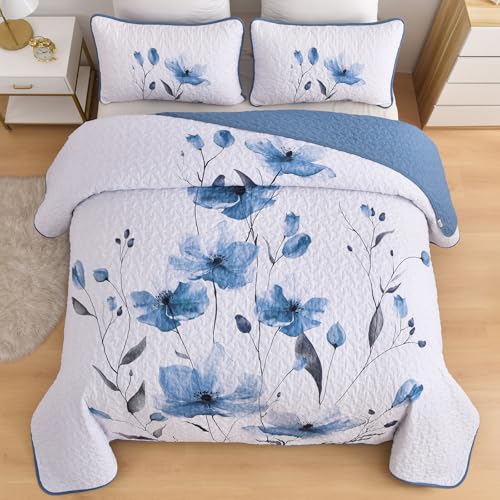 Mybedsoul Full/Queen Quilt Set Blue, 3 Pcs Soft Bedspreads & Coverlets Set | Summer Lightweight Farmhouse Botanical Bedding Set with 2 Shams, Reversible Polyester Coverlet Set for All Seasons, 96"x90" - color: Blue, size: Queen96"x90"