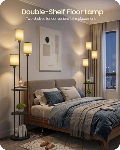 Floor Lamp with Shelves, Modern Floor Lamp with 3 Linen Shades and Foot Switch, 3-Light Standing Lamp, for Living Room, Bedroom, Study, Office, Black and Green J53LD05 - color: Black + Green