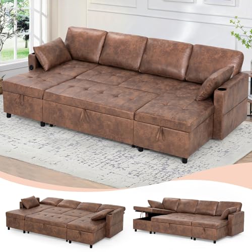 110" Suede Leather U Shape Sleeper Sofa w/Pull Out Bed, Brown | Sectional Sofa Bed w/Adjustable Backrest and Storage Chaises, 4-Seats Upholstered Sofa Bed w/USB Port for Living Room - color: Brown, size: 110"