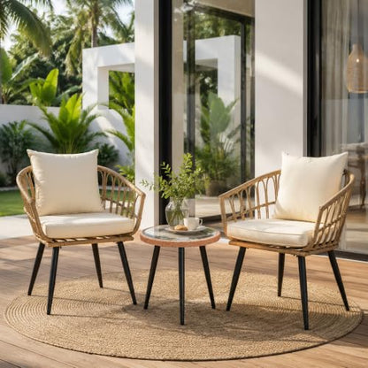 New 3 Piece Patio Bistro Set for Porch Backyard Lawn Poolside Deck, Beige | Handcrafted PE Rattan, Weather-Resistant, Modern Bohemian Design, Easy-Clean Surface, Compact Space Fit - size: NEW 3 Pieces