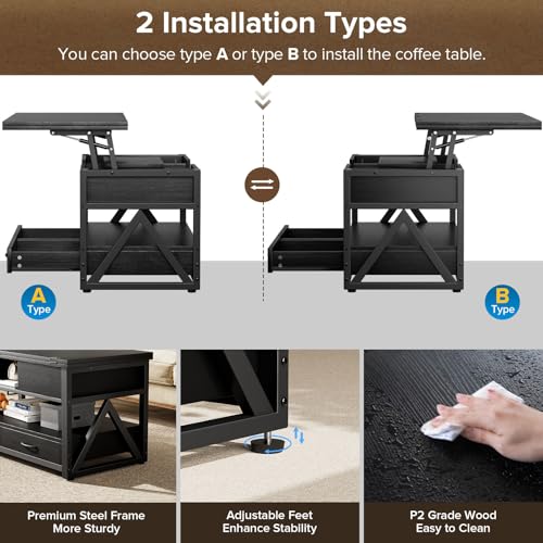 40" Lift Top Coffee Table with Storage,Black | 4 in 1 Multi-Function Lifting top Coffee Tables with Storage Drawers and Hidden Compartmen,for Living Room - color: Black