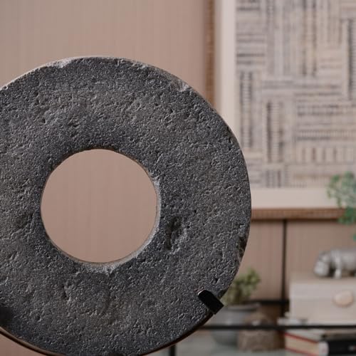 HAUCOZE Modern Home Decor Abstract Sculpture Table Centerpiece Art 13.8inch | Rustic Resin Statue with Metal Stand Ring Disc Ornament Screen Figurine Fashion Gift for Living Room Bedroom Office - size: 9.8x13.8inch