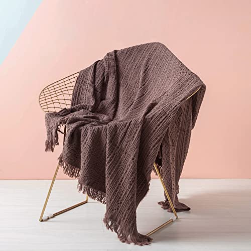 Simple&Opulence 100% Cotton Throw Blanket for Couch, Bed, Waffle Weave Cable Knit Blanket with Tassels, Soft Lightweight Pre-Washed Breathable Cozy Blanket Farmhouse Decoration for All-Season (Brown) - color: Brown