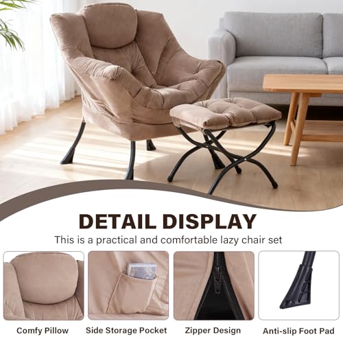 Modern Lazy Chair with Ottoman Lounge Accent Reading Chair for Living Room | Foldable Footstool,Removable Cover,Soft Padded Seat & Backrest,Upholstered Comfy Chair for Bedroom,Dorm,Office,Small Space - color: Velvet Khaki