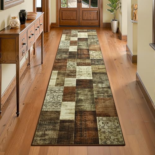 Runner Rug for for Hallways, 2'x6' Washable Kitchen Rugs with Non Slip Rubber Backing, Soft Low Pile Non-Shedding Geometric Carpet for Laundry Bedroom Bathroom, Brown - color: Brown, size: 2 Ft X 6 Ft