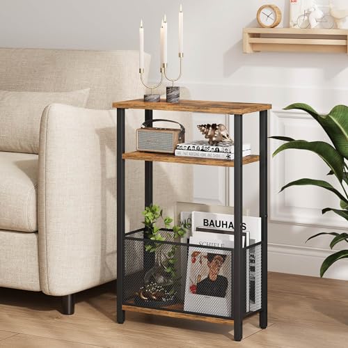 MMEOLUOOK Narrow Side Table with Storage Basket Skinny End Tables for Smalls Spaces 3 Tier Sofa Table Small Nightstand Slim Bedside Table for Living Room Bedroom Rustic Brown MLBZ22RB - color: Rustic Brown