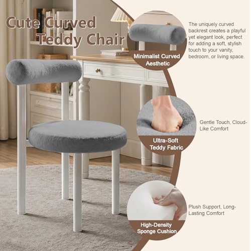 Cute Small Armless Desk Chair, Ergonomic Comfy Vanity Chairs Lumbar Support with Back for Makeup, Teddy Fabric Computer Desk Chair for Home, Bedroom, Vanity, Teens, Adults - color: Grey