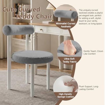 Cute Small Armless Desk Chair, Ergonomic Comfy Vanity Chairs Lumbar Support with Back for Makeup, Teddy Fabric Computer Desk Chair for Home, Bedroom, Vanity, Teens, Adults - color: Grey