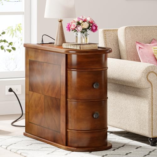 Solid Wood End Table with Charging Station, No Assembly Required Narrow Sofa Side Table for Living Room, Vintage Slim Nightstand Bedside Table (2 Drawers, Brown, 1Pc) - color: Brown, size: 1Pc, style: 2 Drawers