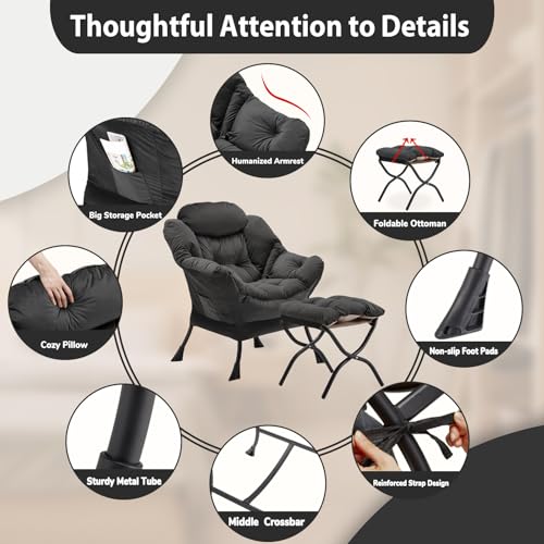 Youtanic Lazy Chair with Folding Ottoman, Accent Chair Velvet Upholstered with Metal Structure and Non-Slip Pads, Sofa Armchair with Footrest and Side Storage Bag for Dorm, Office, Charcoal - color: Charcoal