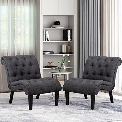Accent Chairs Set of 2 Upholstered Living Room Bedroom Side Chairs Curved Button Tufted Armless Lounge Chair with Wood Legs Gray Fabric - color: Grey, size: 2 Chairs