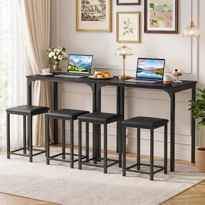 COSTWAY Dining Table Set, Counter Height Table & 2 Upholstered Stools | Black, PU Leather Seats, Metal Frame, Modern, Non-Slip Foot Pads, Space-Saving for Small Space, Kitchen Island - color: Black