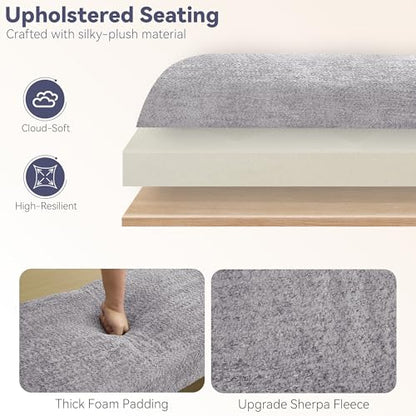 Upholstered Entryway Bench, 58.7" Modern Bedroom Bench, Grey | Sherpa Fleece, Curved Armrests, Solid Wood Frame, End of Bed, Bedroom, Living Room, Hallway - color: Grey-sherpa, size: 58.7"