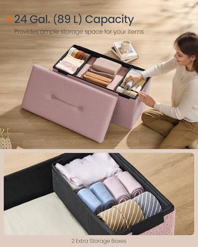 SONGMICS Medium Folding Storage Ottoman Bench, 15 x 30 x 15 Inches | Foot Rest Stool, Load up to 660 lb, Jelly Pink, MINOTA Collection ULSF096R01 - color: Jelly Pink, size: 15"D x 30"W x 15"H, style: Rectangle