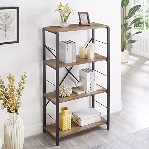 4 Tier Open Bookshelf, Vintage Free Standing Book Shelf, Rustic Wood and Metal Bookcase for Home Office, Oak - color: Oak, size: 4-Tier