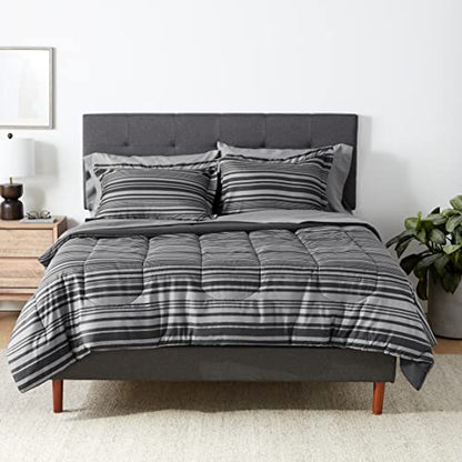 Amazon Basics Full/Queen Comforter Set with Sheets, 7-Piece Gray Calvin Stripe Bedding, Lightweight Microfiber Bed-in-a-Bag, Striped - color: Gray Calvin Stripe, size: Full/Queen, style: 1-Pack