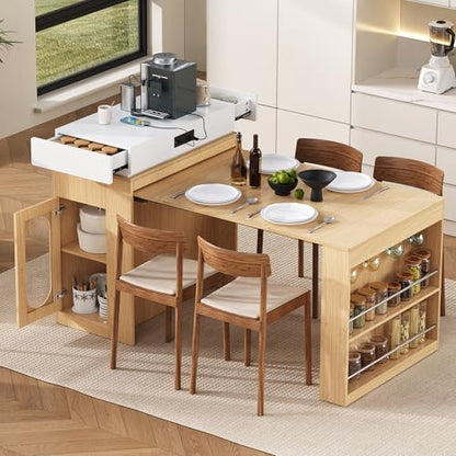 Extendable Dining Table with Folding Tabletop & Power Outlet, Modern Kitchen Island Sideboard with Wheels, Hidden Drawers & USB Charging, Sturdy Buffet Table for Small Spaces (Natural) - color: Natural